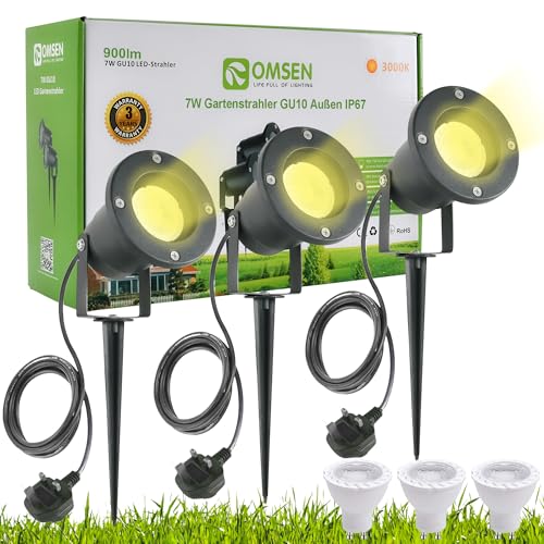 OMSEN Garden Spotlights Mains Powered GU10 7 W Warm White 3000K, Replaceable GU10 Bulbs, Aluminium, Waterproof IP67, Outdoor Spike Spotlight for Garden, Plants, Tree, Flower, Lawn, Pathway, 3 Pieces
