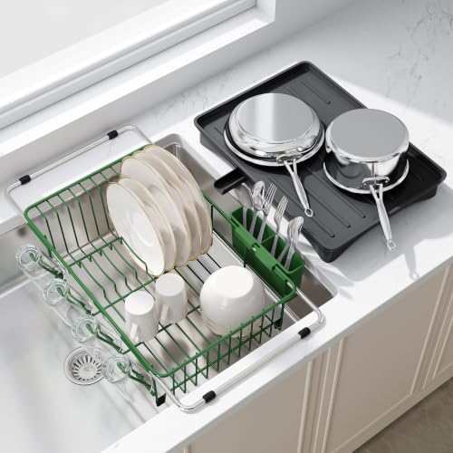 Image of JASIWAY Green Dish Drying Rack in Sink with Drainboard and Utensil Holder