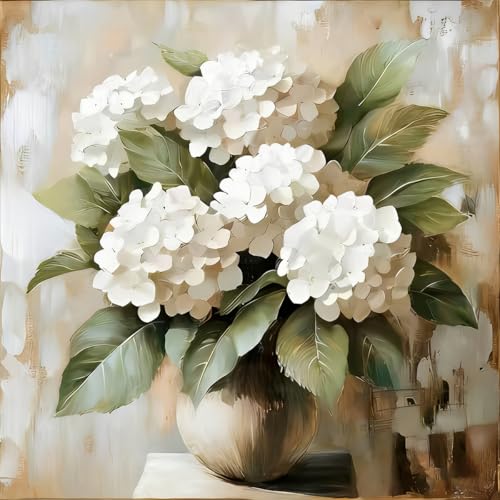 GEMFAMILY Hydrangea Paint by Numbers Kit for Adults,White Hydrangea Oil Painting Kit Adult Paint by Number Kits on Canvas,DIY Painting Art by Numbers for Home Wall Decor 16 x 16 Inch