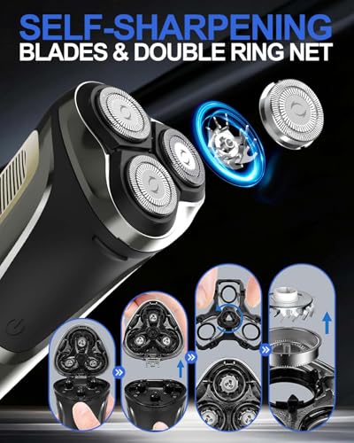 Afeitadora Electrica Hombre Impermeable IPX6, 3 Cabezales Flotantes 4D, Pantalla LED, 90 Min Uso, Recargable USB, Bloqueo Seguridad, Recortadora Lateral Emergente con Botón - imagen 5