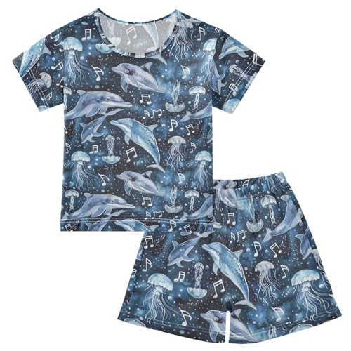 ALAZA Dolphins Jellyfish Music Notes Pajama Set Short Sleeve Sleepwear Soft Lounge Nightwear