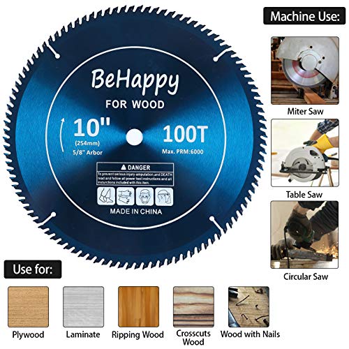 BeHappy 10 Inch Circular Saw Blade, 100 Teeth ATB Circular Saw Blade 5/8\" Arbor for Miter/Table/Circular Saw, Saw Blade for Plywood, Laminate, Ripping Wood, Crosscuts Wood, Crossuts Wood - Thumbnail 4