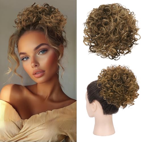 RUWISS Messy Bun Kurze Lockige Pferdeschwanzverlängerung Elastischer Kordelzug Lose Haare Bun Haarteile für Frauen Updo Haarverlängerung (80g Braun Mix Dunkelblond)