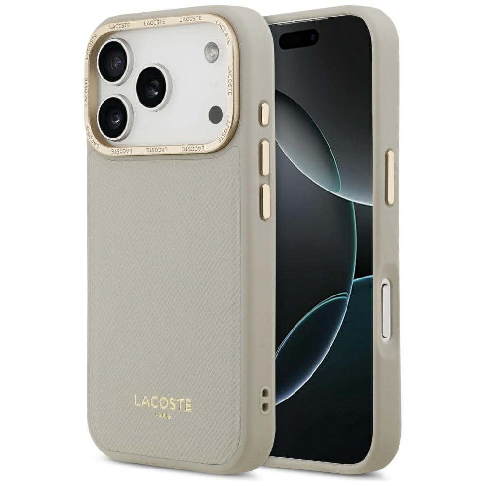 CG MOBILE Lacoste Champs Elysees Gold Logo Compatible con MagSafe Funda para iPhone 17 Pro (Taupe)
