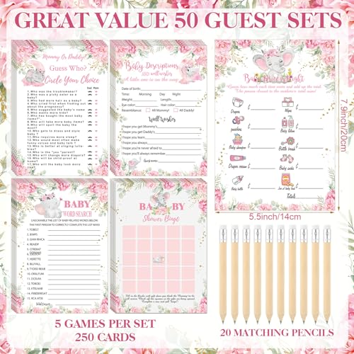 Image of Patelai 321 Pcs Elephant Themed Baby Shower Decorations It's a Girl Pink Baby Shower Games 5 Set for Pink Elephant Theme Gender Reveal Girls Birthday Party Decorations Supplies