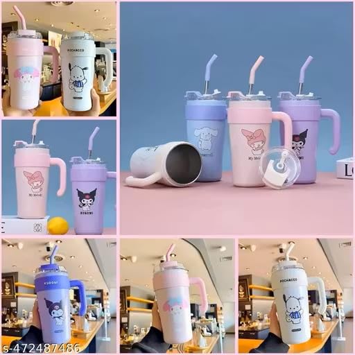 Image of Cute Cartoon Straw Tumbler 860ml with Handle | Doublewall-Reusable Sipper Cup with Lid for Kids & Teens | Lightweight Drinking Mug for Water, Juice & Milk (Purple)