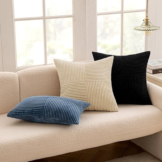 Image of Guffaw Corduroy Pillow Covers Boho Decorative Spliced Throw Pillow Covers Soft Solid Couch Pillowcases Cross Patchwork Cushion Covers for Living Room Bed Sofa 16x16 inch (2, Blue)