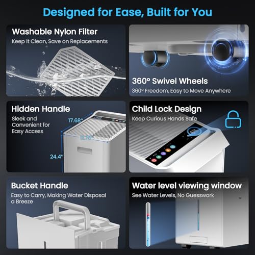 5,000 Sq.Ft Most Efficient Energy Star 2024 Dehumidifier,Vellgoo Max 150 Pint/D (Standard 80 Pint/D) Compressor Dehumidifier for Basement with Drain Hose, Smart Humidity Control for Home, Large Rooms