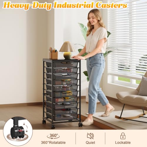 Image of 10-Drawer Rolling Storage Cart, Craft Organizers and Storage, Black | 12x12 Inch Storage Drawers for Scrapbook Paper,Classroom,Craft,Bathroom,Teacher,Office,Art,Metal Organizer Cart with wheels