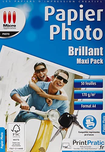 Papier Photo Brillant - Maxi Pack 50 Feuilles Papier Photo Brillant A4, 170 g/m², Séchage Rapide, Impressions - 9600 dpi, Compatible Imprimantes Jet d'Encre, Papier Certifié FSC - Micro Application 5241 Blanc 21 x 29,7 cm