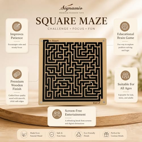 Image of SIGNAMIO Indoor Wooden Puzzle Game Square Maze Ball - Engaging Mind Games for Kids & Adults, Perfect Brain Teaser & Time Pass Activity, Ideal Wooden Board Game for All Ages