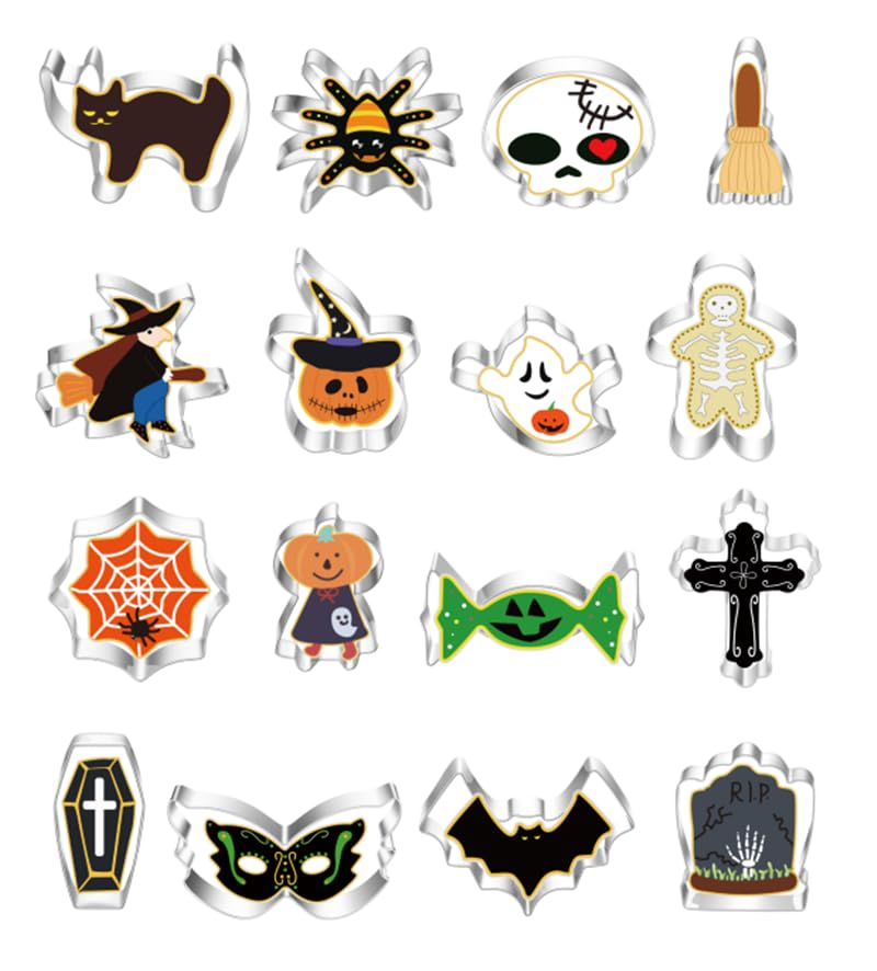 RUIYWEN Juego de 16 Cortadores de Galletas de Halloween en Forma de Calabaza Fantasma Murciélago Gato, Moldes de Acero Inoxidable para Galletas Fondant Chocolate