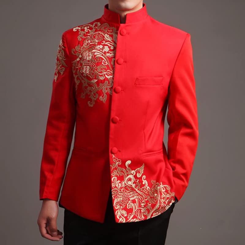 Aoleaky Chinese Style Wedding Jacket Men Embroidery Pattern Tang Tunic Suit Mandarin Stand Collar Red/White3