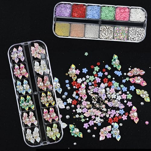 SEMATA 2 Box 3D Flower Nail Charms,Nail Gems Butterfly Heart Bow Flatback Pearl Nails Rhinestones Charms for Nails Art Jewels Design Decor(Colorful-14) — view 2