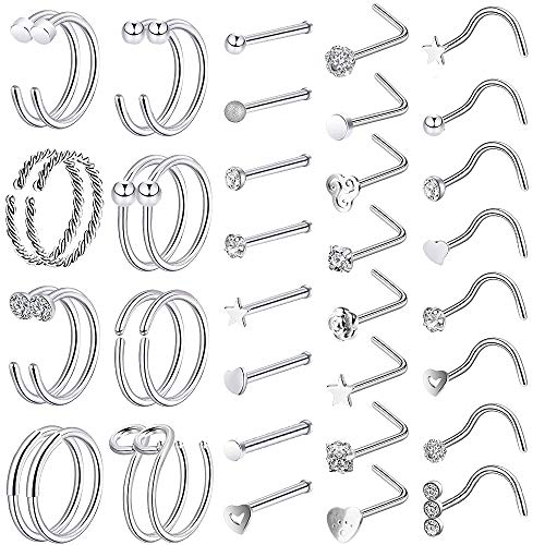 ONESING 40 PCS 20G Nose Rings for Women Nose Rings Hoop Piercing Jewelry