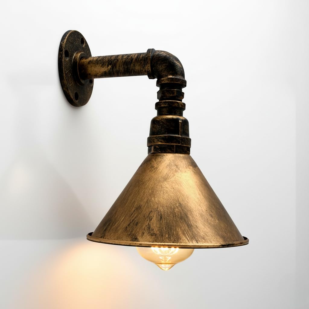 LEDSone Industrial Vintage Water Pipe Wall Light Conical Metal Shade Brushed Copper Wall Lamp E27 Socket Steampunk Wall Sconces Lighting Fixtures for Farmhouse, Bedroom, Restaurant, Bar Décor