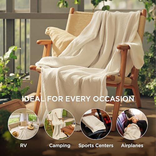 Bedsure 100% Cotton Muslin Throw Blanket Large 50x70 Inches - 4-Layer Breathable and Lightweight Thin Soft Summer Gauze Muslin Blankets for Adults, Linen Beige, Boho Cotton Throw for Couch