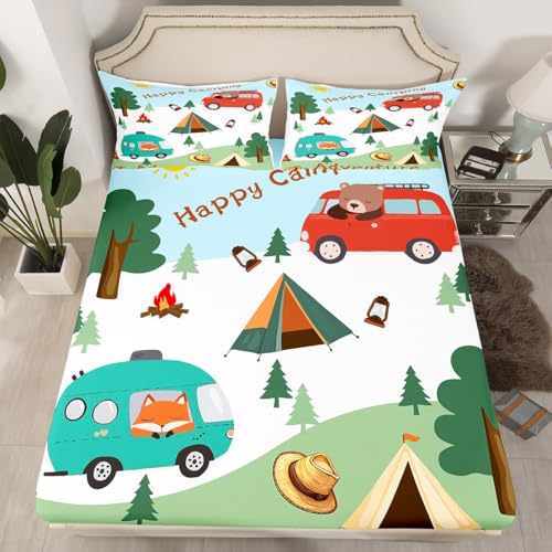 Cartoon Camper Fitted Sheet Twin Size,Cute Bear Fox Animal Trees Plant Mattress Protector with 1 Pillowcase,Happy Camping Red RV Trailer Elastic Deep Pocket Kids Bed Cover (No Top Sheet)