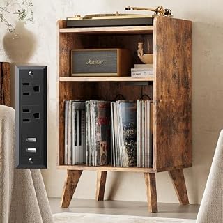 Record Player Stand, Turntable Stand with Record Storage and Charging Station & USB Ports, Record Player Table with Metal Divider, Record Stand Up to 160 Albums for Living Room, Bedroom Brown - Les Beatles, Paul McCartney, John Lennon, RIngo Starr, George Harrison