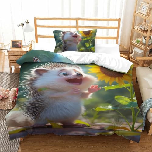 Housse de couette hérisson 3D 135x200cm en microfibre douce pour lit simple avec taie d'oreiller