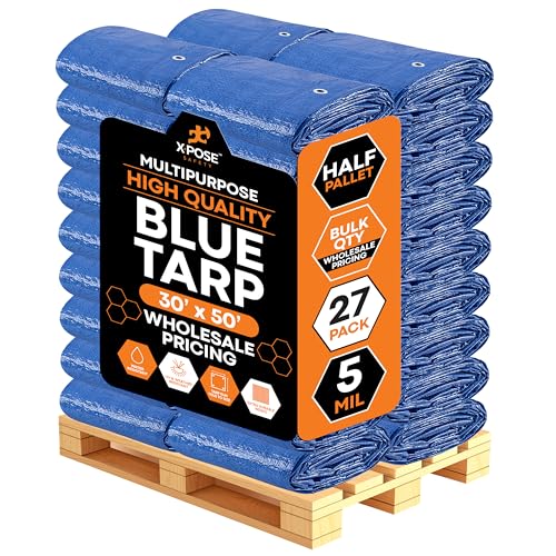 Image of Better Blue Poly Tarp 30' x 50' - Bulk Half Pallet (27 Pack) Multipurpose Protective Cover - Lightweight, Durable, Waterproof, Weather Proof - 5 Mil Thick Polyethylene - by Xpose Safety