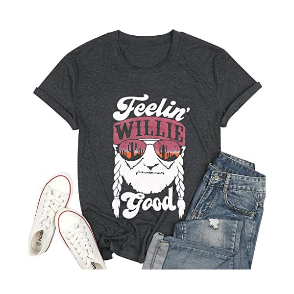 MOUSYA Women T-Shirt Feelin' Willie Good Letter Printed Graphic Shirt Top Casual Vacation Short Sleeve Tee Shirt