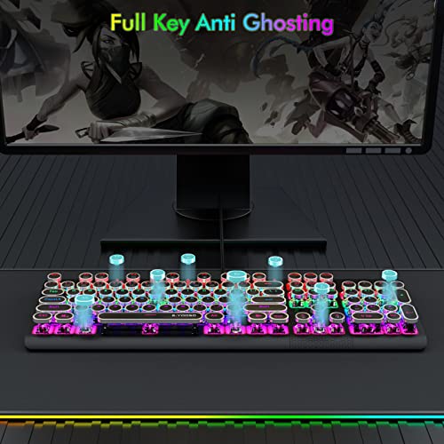 E-Yooso K-600 Typewriter Keyboard, Retro Mechanical Keyboard Typewriter Style, Wired Gaming Keyboard With Blue Switches, Round Keycaps Vintage Keyboard For Pc, Mac, Windows, Electroplated Punk Keycaps #TOP3