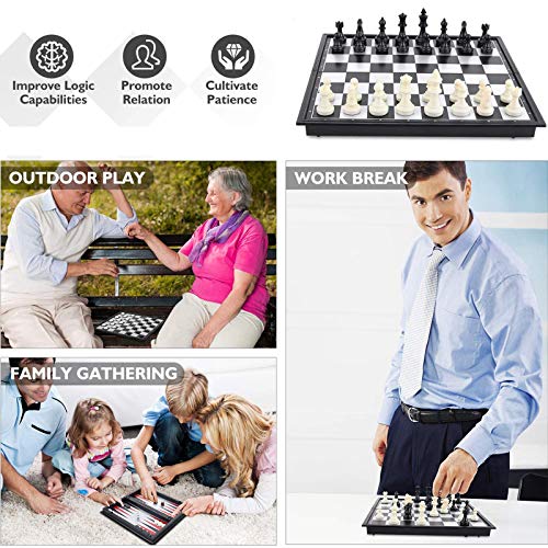 Checkers Chess Backgammon Set 3-in-1 Game Set for Kids and Adults,Magnetic Travel Chess Set with Folding Board Travel Educational Board Games,10\" x 10\" - Thumbnail 4