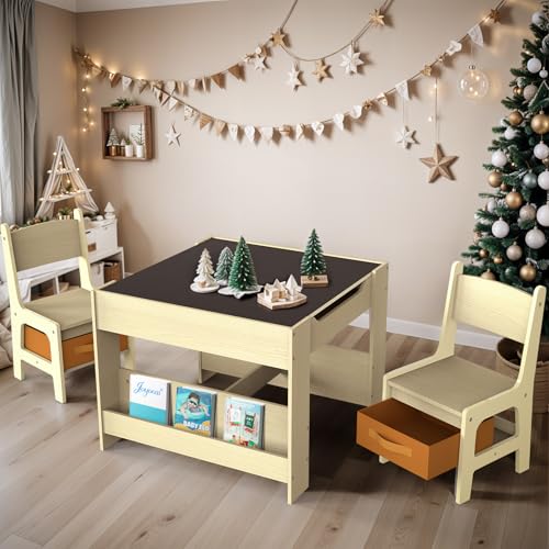 Image of Joyooss Kids Table and Chair Set,4 in 1 Wooden Activity Toddler Table and Chairs Ages 3-7,2 in 1 Tabletop Drawing Reading Crafts Toddler Desk for Playroom,Kid Art Desk for Nursery Storage