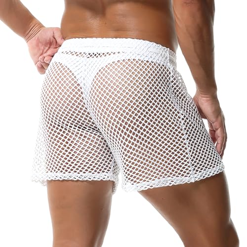 Mens Fishnet Boxer Shorts See Through Mesh Loose Shorts Lounge Underwear Boxer Trunks2