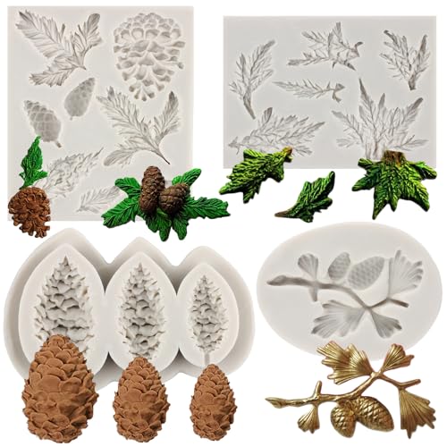 MYPRACS Christmas Pine Cone Branch Tree Silicone Mould Pinecone Fondant Mould for Xmas Cake Decorating Cupcake Topper Gum Paste Polymer Clay Set of 4
