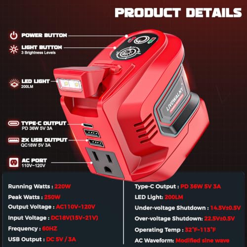 Image of LIVOWALNY 220-250W Power Inverter Compatible with Milwaukee 18V Battery - DC 18V to AC 110-120V Power Station with 1 AC Outlet - 2 USB 1 Type-C & LED Light for Camping Power Outage - Tool Only(2 Pack)