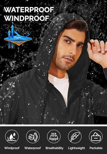 Image of Zando Packable Mens Rain Jacket Lightweight Raincoat Waterproof with Hood Outdoor Windbreaker Jacket Travel Rain Jackets