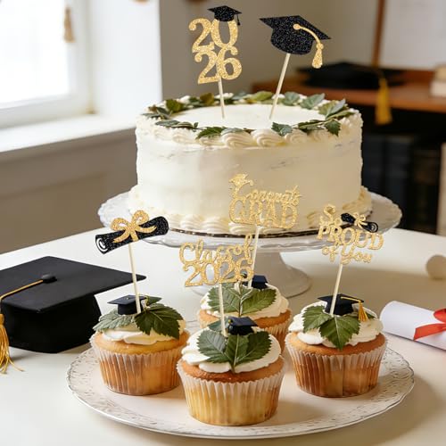 24 Pcs Graduation Cupcake Toppers 2026 - Congrats Grad Decorations Class of 2026, Pre-Assembled Black Gold Grad Cake Topper Centerpieces for Graduation Party Decoration Supplies Table Decor, 6 Styles — view 2