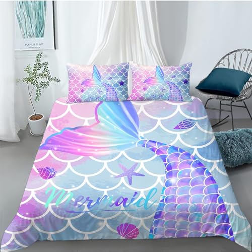 MUSOLEI Mermaid Bedding Set Girls Double Colorful 3D Mermaid Tail Blue Duvet Cover Sets Pink Lovely Quilt Cover Soft with Pillwocase (Mermaid