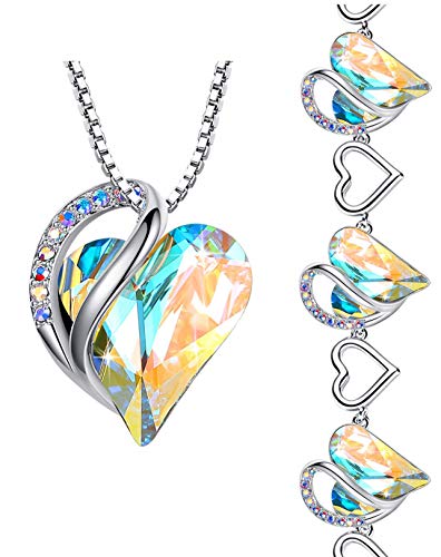 Leafael Infinity Love Crystal Heart Bundle Jewelry Set Opal White April Birthstone Gifts for Women Necklace Bracelet, Silver-tone