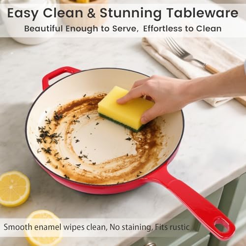 Hisencn Enameled Cast Iron Frying Pan Set, 3 Piece Set of 8''/9.5''/11'' Skillets, PFAS & PTFE & PFOA Free, Gas/Induction/Electric/Oven Compatible, Rouge Red - Thumbnail 5