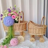 Woven Rattan Stroller Shaped Flower Basket, Vintage Wicker Carriage Basket with Handle,Rustic Boho Wedding,Baby Shower Decor,Floral Arrangement Holder,Sustainable Centrepiece