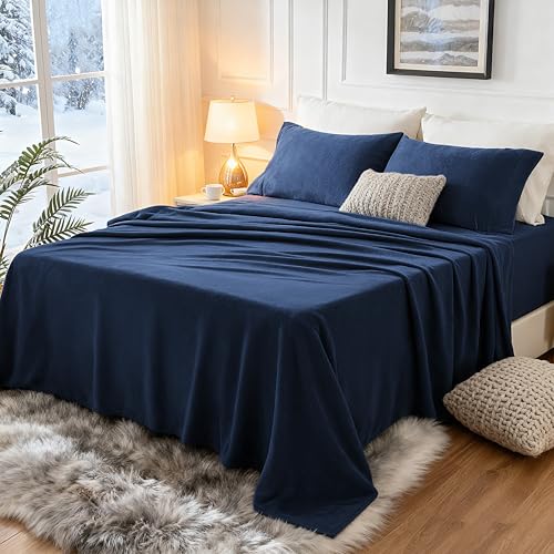 Image of Love's cabin Fleece Queen Sheet Set - 4 Pcs Dark Blue Winter Soft Plush Polar Fleece Bed Sheets Set with 16 inch Deep Pocket,Cozy Warmth for Cold Season(1 Flat Sheet,1 Fitted Sheet,2 Pillow Cases)