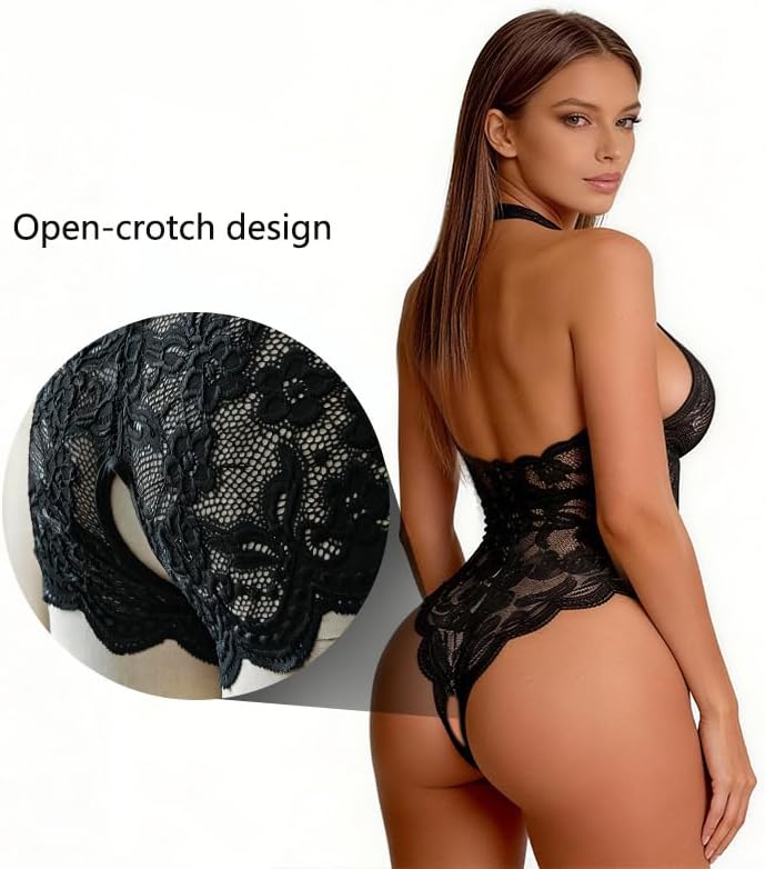 Glox Women Sexy Lingerie Soft Lace Teddy Bodysuit One Piece Babydoll Mesh Sleepwear Nightgowns