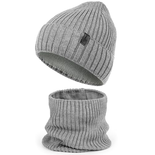 molti Kinder Mütze 52–54 cm & Loop Schal Set – Warm Gefüttert mit Merinowolle & Fleece | Wintermütze & Schlauchschal für Jungen & Mädchen, Weich & Winddicht | Farbenauswahl (Grau)