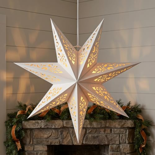 Image of LIOOBO Paper Star Lanterns Star Shaped Decorative Light Cover Hollow Out Window Grille Lamp Shade for Christmas Birthday Wedding Home Party 17.71 X 17.71 X 7.48 in