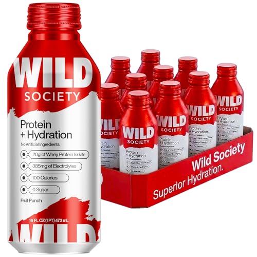 Image of Wild Society Clear Protein Drink + Electrolytes, Fruit Punch, 12 Pack | 20g Clear Whey Protein Isolate, 385mg Electrolytes, Zero Sugar, 100 Calories, 16oz Protein Water Sports Drink