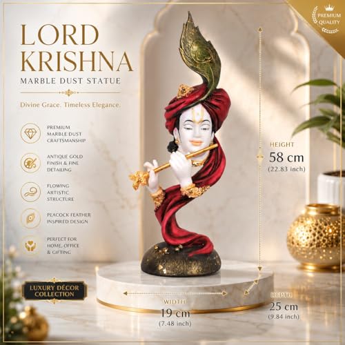 Image of ARMONIA Lord Krishna Idol Marble Dust Statue Murti for Home Decor, Pooja Room & Mandir | Krishna Sculpture Showpiece for Living Room| Housewarming Gift | 22.83 Inch | (Includes Microfiber Cloth)