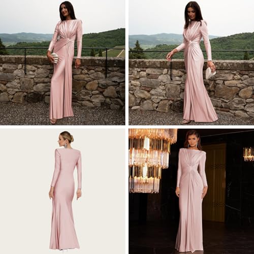 Image of RARITYUS Women's Elegant Knot Ruched Long Sleeve Maxi Dress Shoulder Pads Long Formal Dress Cocktail Evening Party Dress