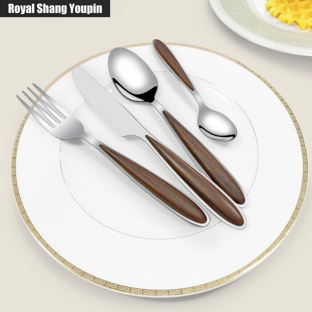 Cucina Imitazione Grano Del Legno Manico in Acciaio Inox Posate Da Tavola Posate Set Di Posate Coltello Da Bistecca Forchetta Cucchiaio Cucchiaino (A,20 pezzi)