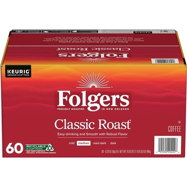 Generic Folgers Classic Roast, Medium Roast Coffee, Keurig K-Cup Pods, 60 Count Box