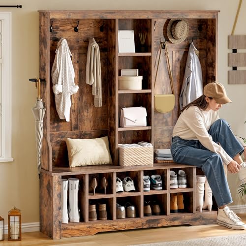 DWVO 59" Wide Hall Tree with Bench and Storage for Hallway Entryway, 10 Shoe Cubbies & 10 Coat Hooks, 4-Tier of Center Storage Open Cabinets, Coat Rack with Space for Bedchamber Living Room (Brown)