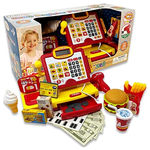 Talking Cash Register for Kids 3 & Up | Pretend Play Set Comes with Toy Microphone, Working Scanner, Play Money, Fake Credit Card, Toy Food & Weight Scale | 25 Pieces with Lights & Sounds