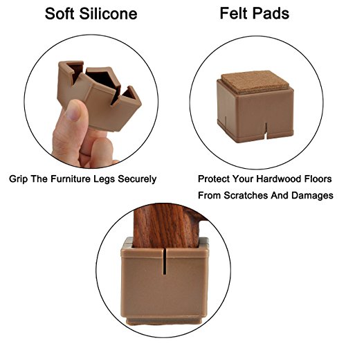 Chair Leg Floor Protectors, WarmHut 16pcs Brown Silicone Table Furniture Leg Feet Tips Covers Caps, Felt Pads, Prevent Scratches, Wood Floor Protector (Square)(Brown)